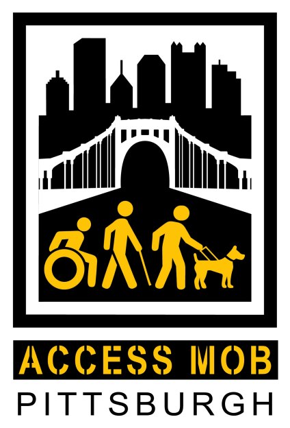 Logo. Overlaid on a black silhouette of the Pittsburgh skyline is a white bridge with a black roadway. In front of that in yellow are three figures, one in a wheelchair, one using a white cane, and one with a service dog. Underneath in black and yellow is text reading “Access Mob Pittsburgh.”