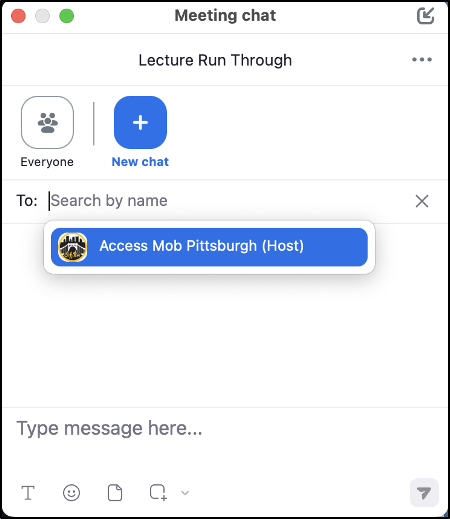 Screenshot of the desktop version of Zoom, demonstrating how to use the chat features.