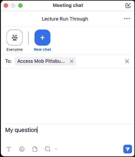 Screenshot of the desktop version of Zoom, demonstrating how to use the chat features.
