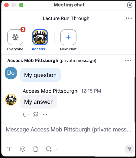 Screenshot of the desktop version of Zoom, demonstrating how to use the chat features.